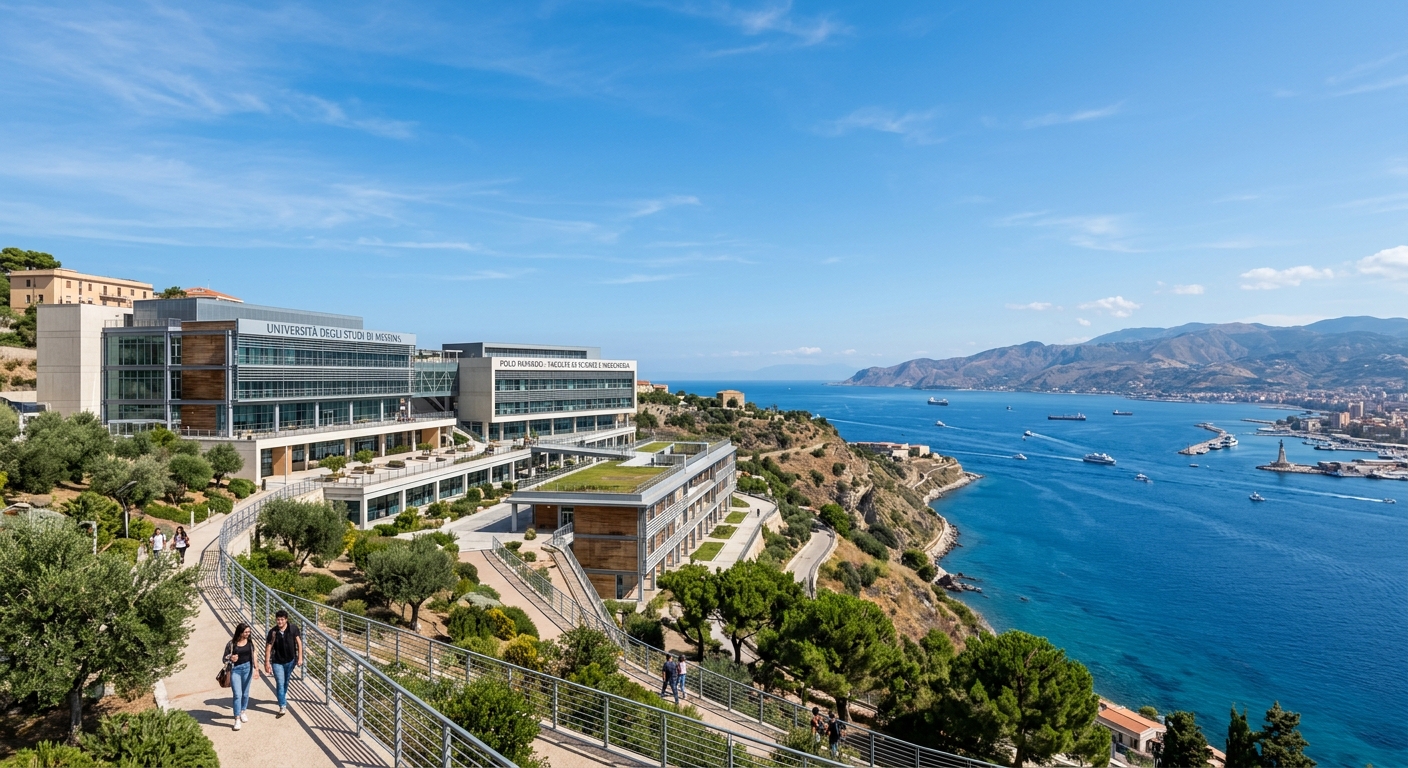 Polo Papardo campus of the University of Messina overlooking the Strait of Messina, modern science and engineering buildings with sea views, clear blue sky