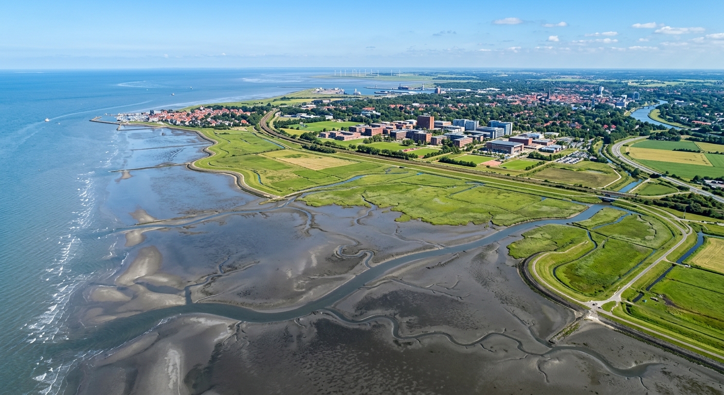 Aerial view of the North Sea coastline near Oldenburg Germany with tidal flats, green marshlands, and a modern university campus in the background under a clear blue sky