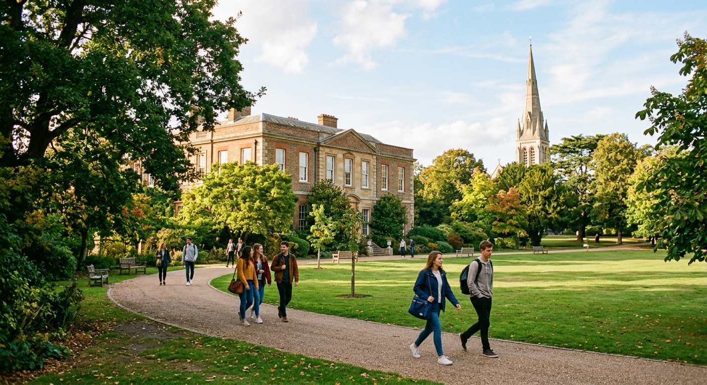 University of Roehampton campus in southwest London, historic college buildings surrounded by lush green parkland, students walking along tree-lined paths, chapel spire visible in background, warm natural light