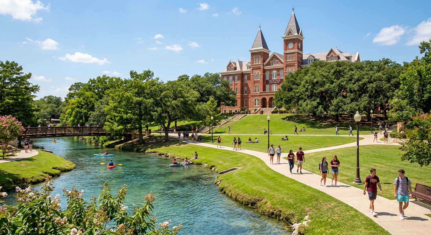 Texas State University campus in San Marcos with the iconic Old Main building, lush green lawns along the San Marcos River, students walking on pathways under mature oak trees, clear blue sky