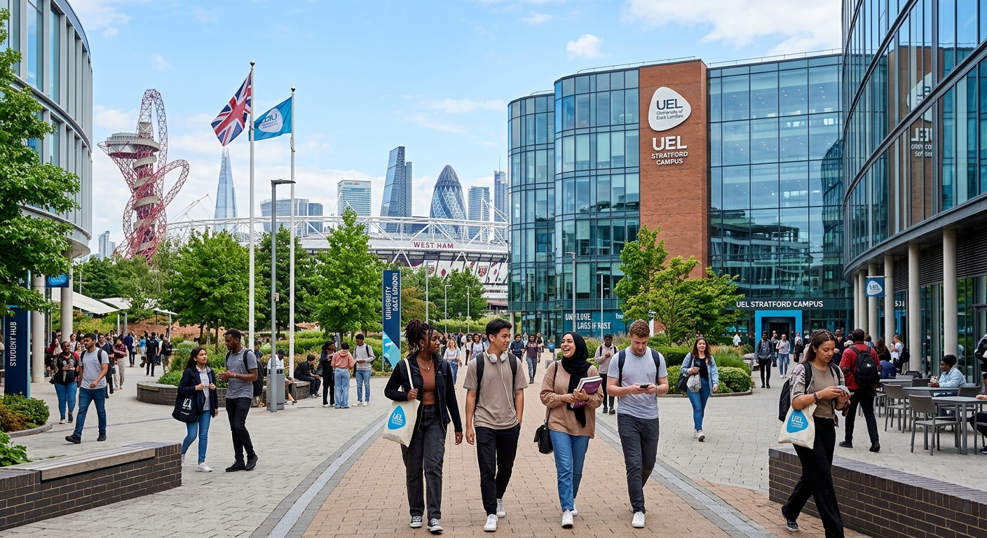 University of East London Stratford campus with modern glass buildings, diverse students walking across campus courtyard, educational environment with London skyline in the background, bright daylight