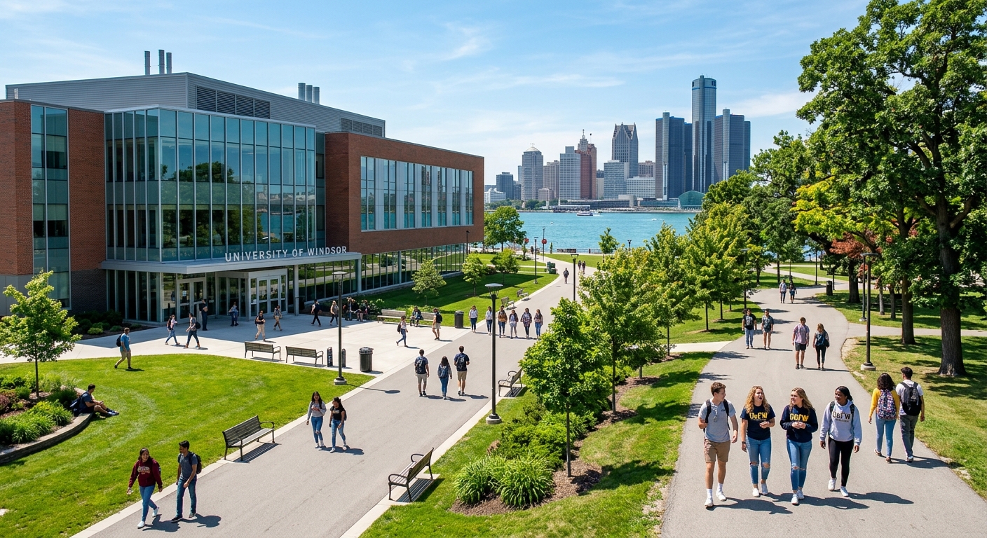 University of Windsor campus with modern science building, green lawns, and students walking along tree-lined pathways in Windsor Ontario Canada, bright sunny day with Detroit skyline visible in the background