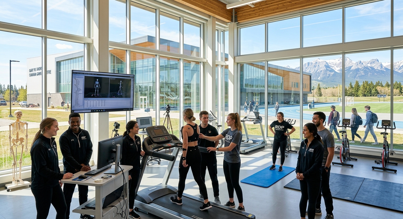Red Deer Polytechnic campus in Alberta Canada with modern athletic facilities, students in kinesiology lab studying human movement, bright open spaces with Canadian Rocky Mountain foothills visible in background