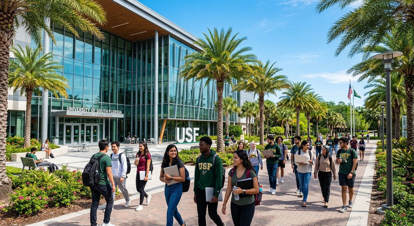Modern university campus building in Tampa Florida with palm trees, international students walking with laptops and backpacks, bright sunny day with blue sky, contemporary architecture with glass facade