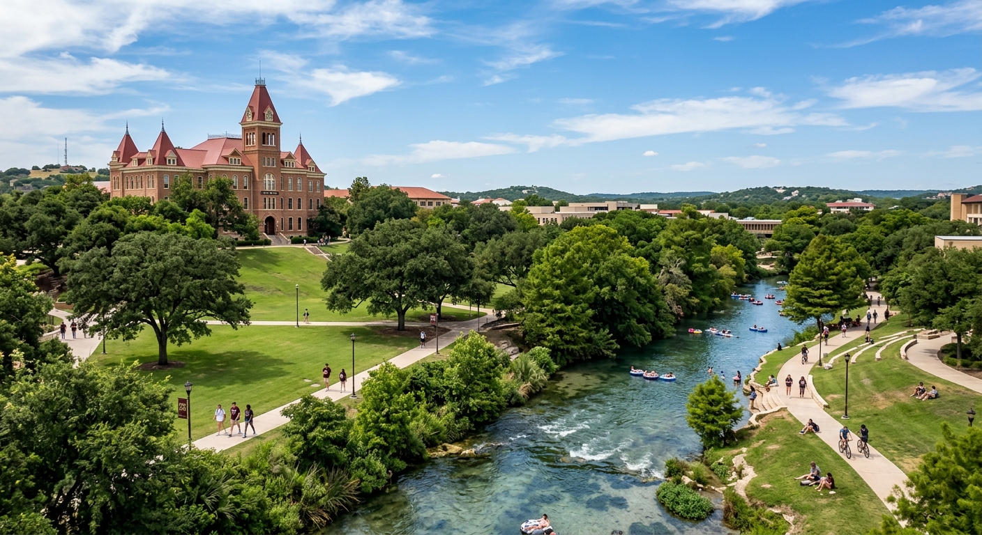 Texas State University campus in San Marcos with historic Old Main building, lush green grounds, and the San Marcos River flowing through the scenic 507-acre campus under a bright blue Texas sky
