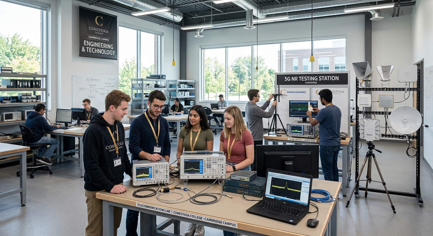 Modern telecommunications lab at Conestoga College Cambridge campus, students working with spectrum analyzers and network equipment, wireless antenna models and 5G testing stations visible, bright industrial learning space