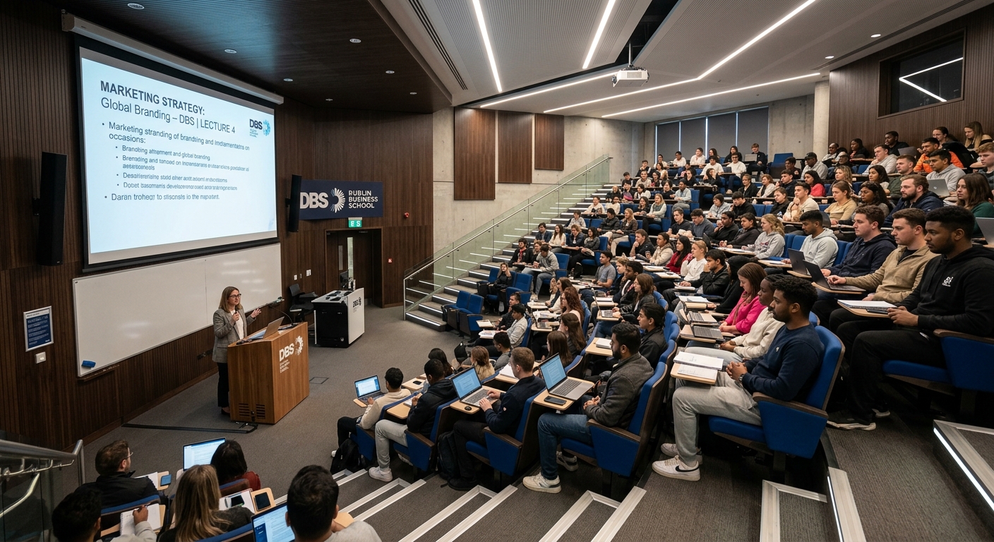 Dublin Business School Aungier Street campus interior, modern lecture hall with tiered seating, large projector screen, students attending class, contemporary lighting