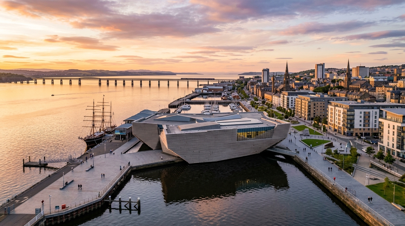Dundee city waterfront panorama, V&A Dundee museum on the River Tay, Tay Rail Bridge in background, modern waterfront development, Scottish coastal cityscape at golden hour