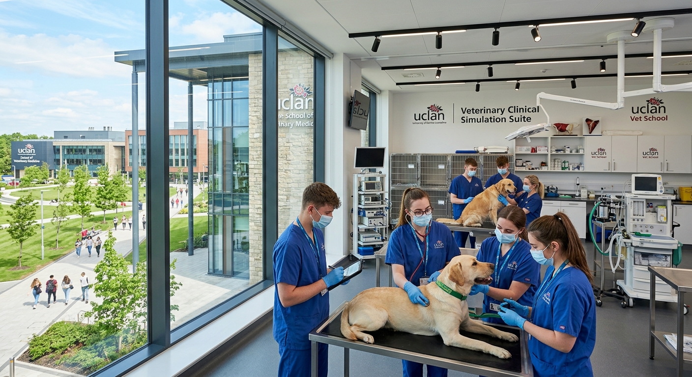 Modern veterinary school building at the University of Lancashire in Preston, students in scrubs working with animals in clinical simulation suite, bright contemporary campus with green spaces