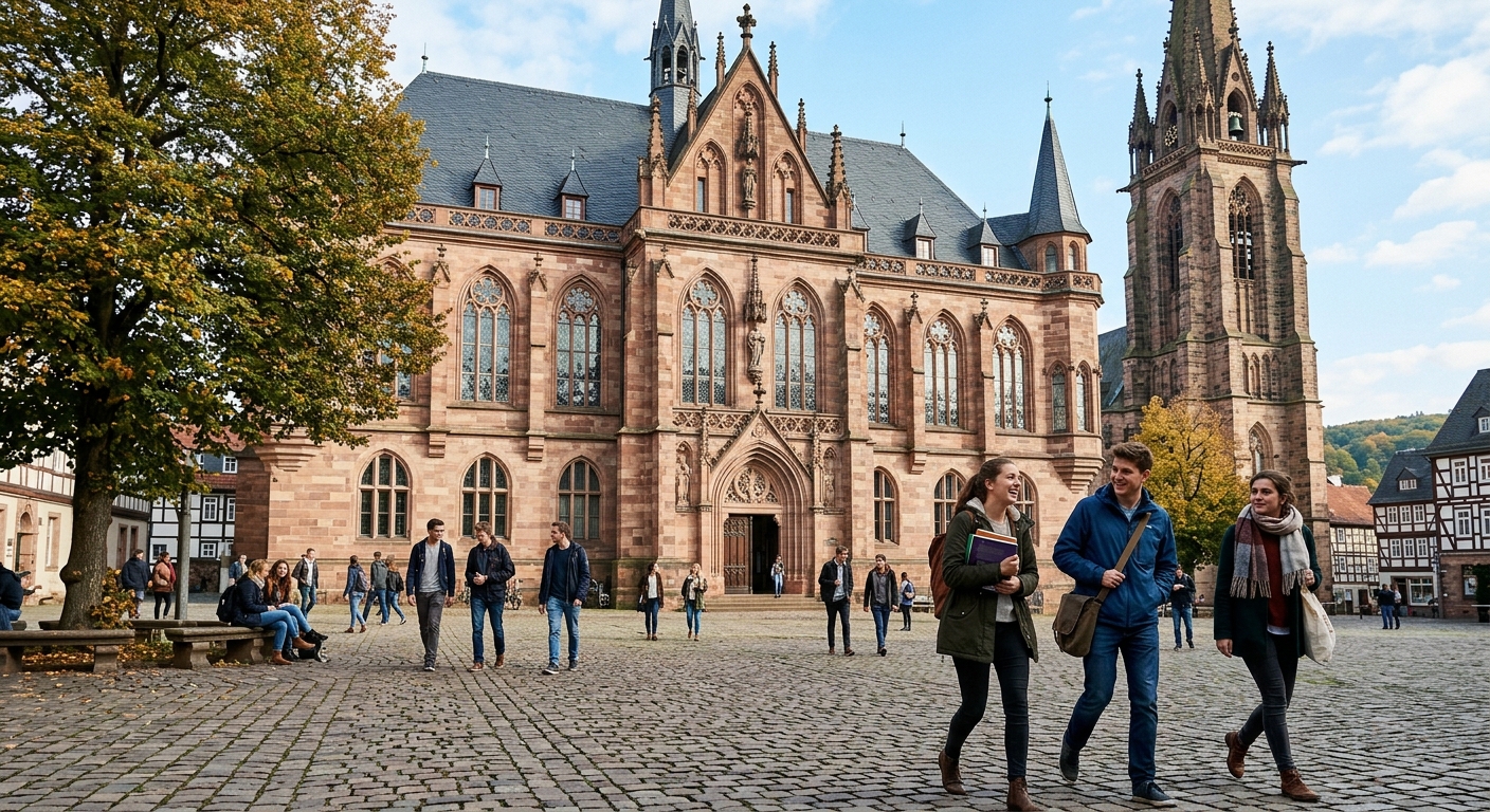 Historic Alte Universität building of Philipps-Universität Marburg with its neo-Gothic facade, arched windows, university church tower, cobblestone courtyard, students walking in foreground