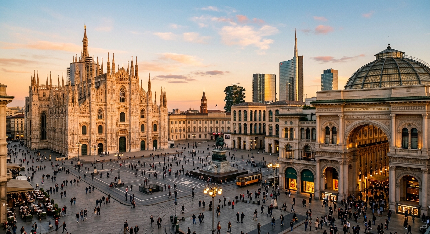 Milan city skyline at golden hour, Duomo cathedral in foreground, modern skyscrapers of Porta Nuova in background, bustling Galleria Vittorio Emanuele II, fashion boutiques and pedestrians
