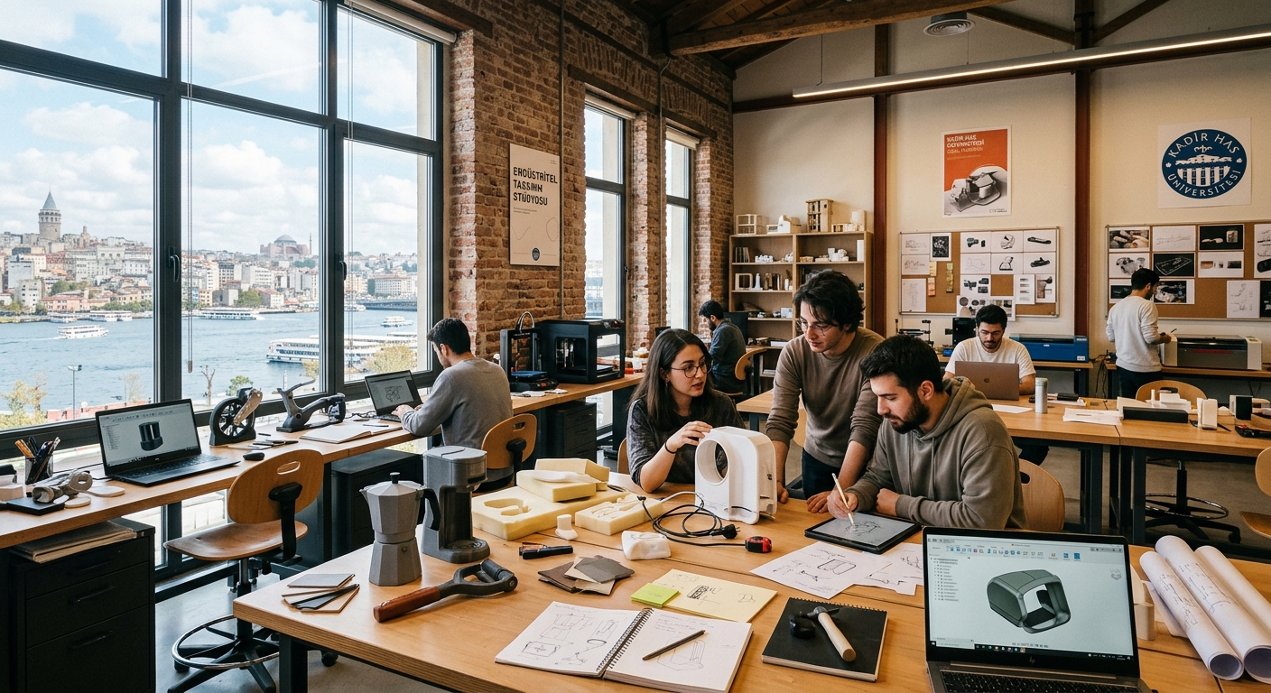 Modern design studio at Kadir Has University in Istanbul with students working on industrial product prototypes, 3D models and sketches visible on desks, large windows overlooking the Golden Horn waterfront, bright creative workspace with exposed brick walls of the historic Cibali campus