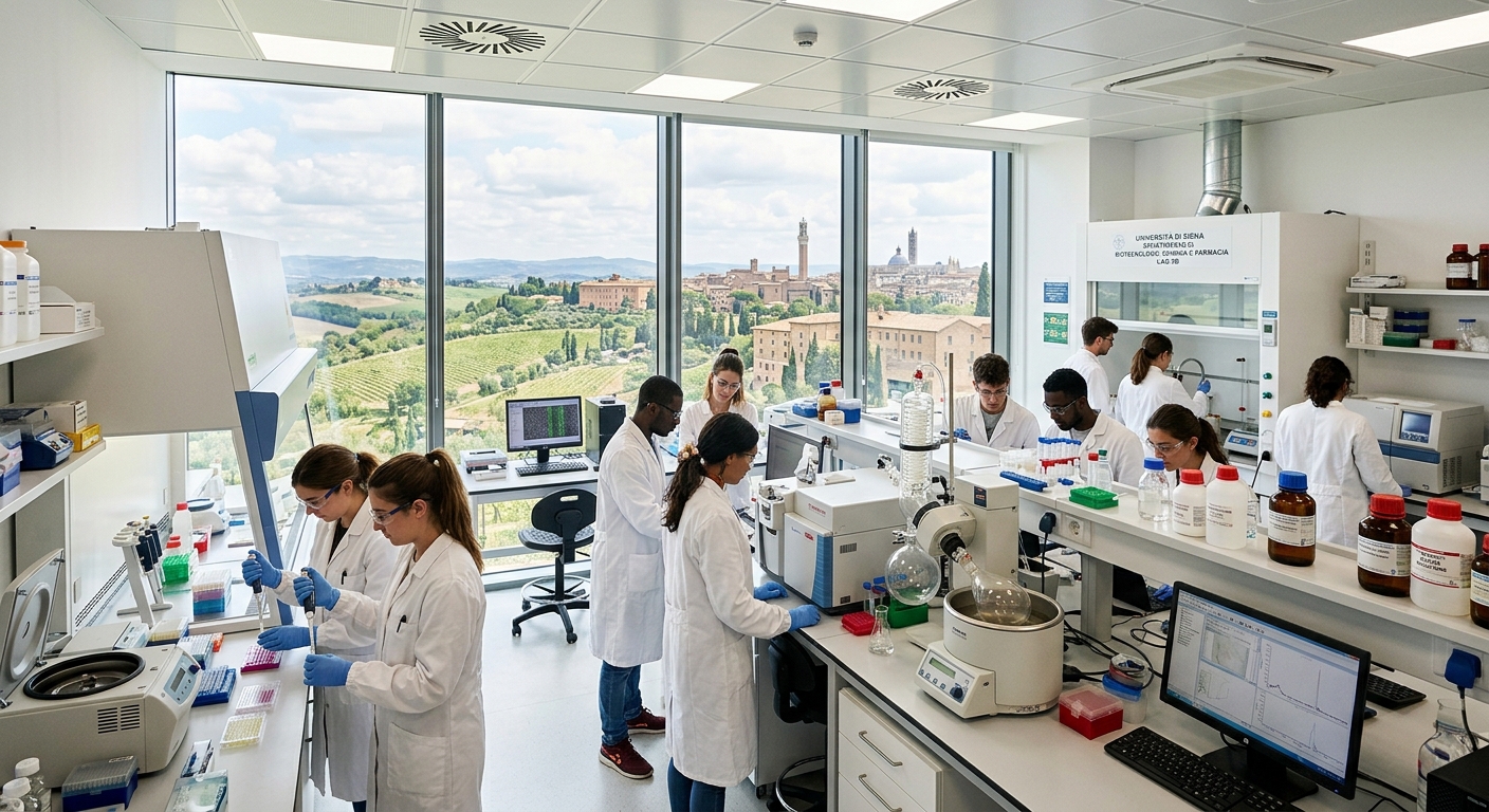 Modern science laboratory at the University of Siena with students conducting experiments, advanced equipment, bright white interior, large windows overlooking Tuscan landscape