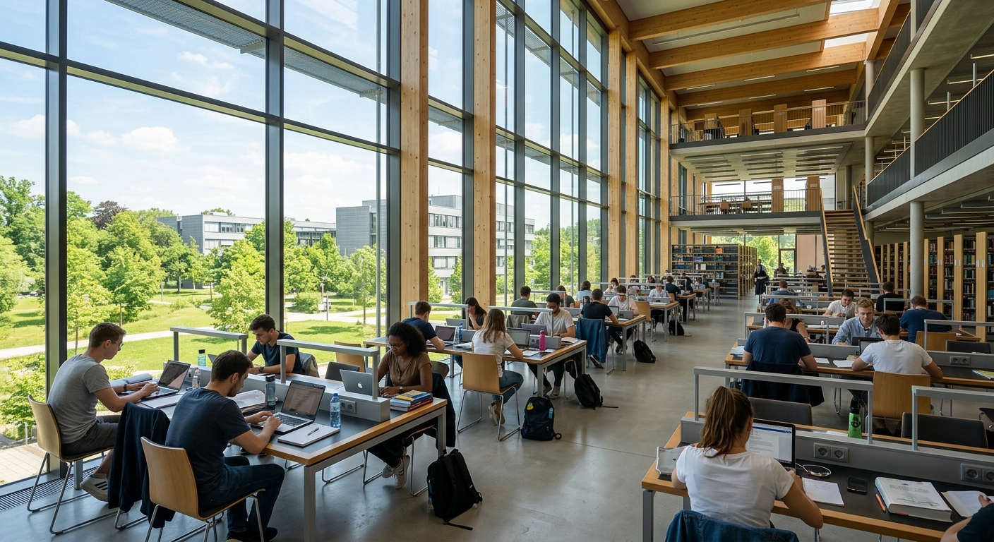 University of Augsburg library interior with students studying at modern desks, floor-to-ceiling windows, bright natural light