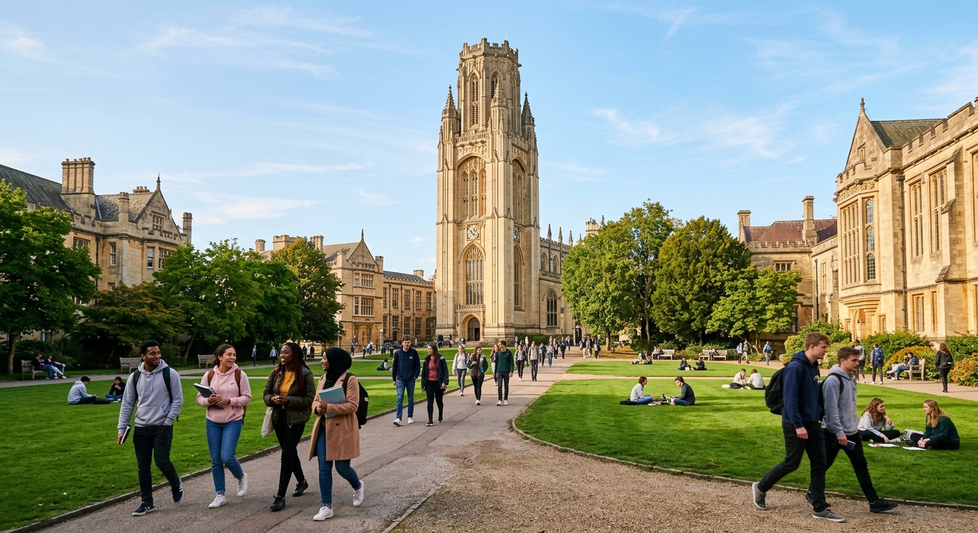 University of Bristol campus with historic stone buildings, green lawns, and the Wills Memorial Building tower in the background, students walking across campus on a sunny day in Bristol, England
