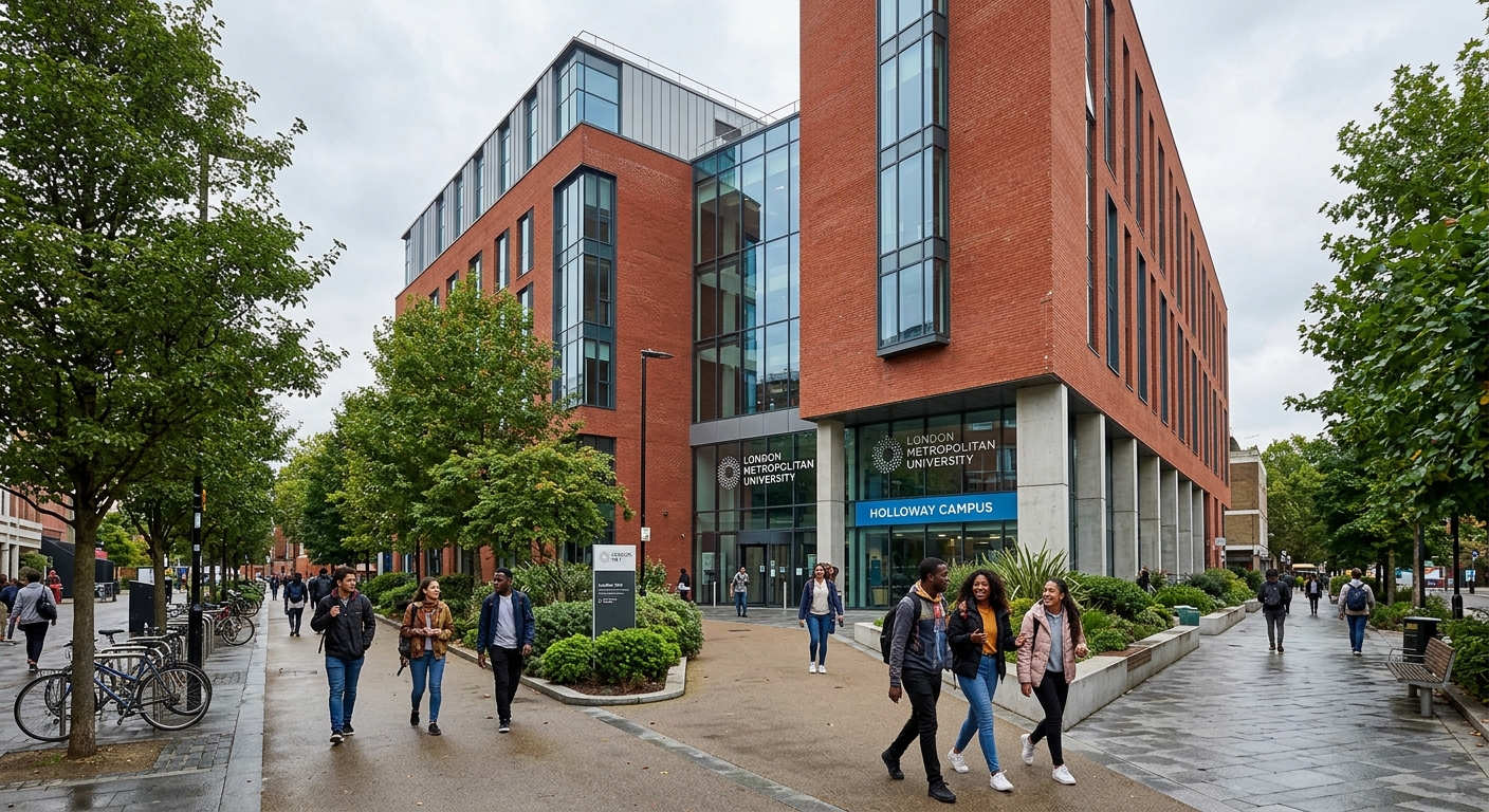 London Metropolitan University Holloway campus building exterior with modern architecture, students walking along tree-lined pathways in Islington, London, overcast sky with red brick and glass facade