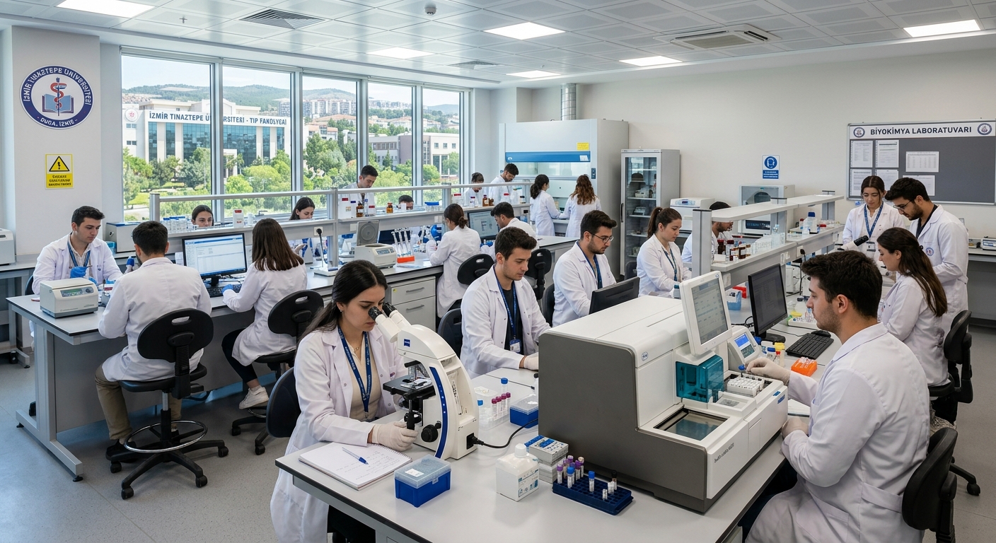 Modern medical laboratory at İzmir Tınaztepe University campus with students in white lab coats working with microscopes and biochemistry analyzers, bright clinical lighting, Buca İzmir Turkey