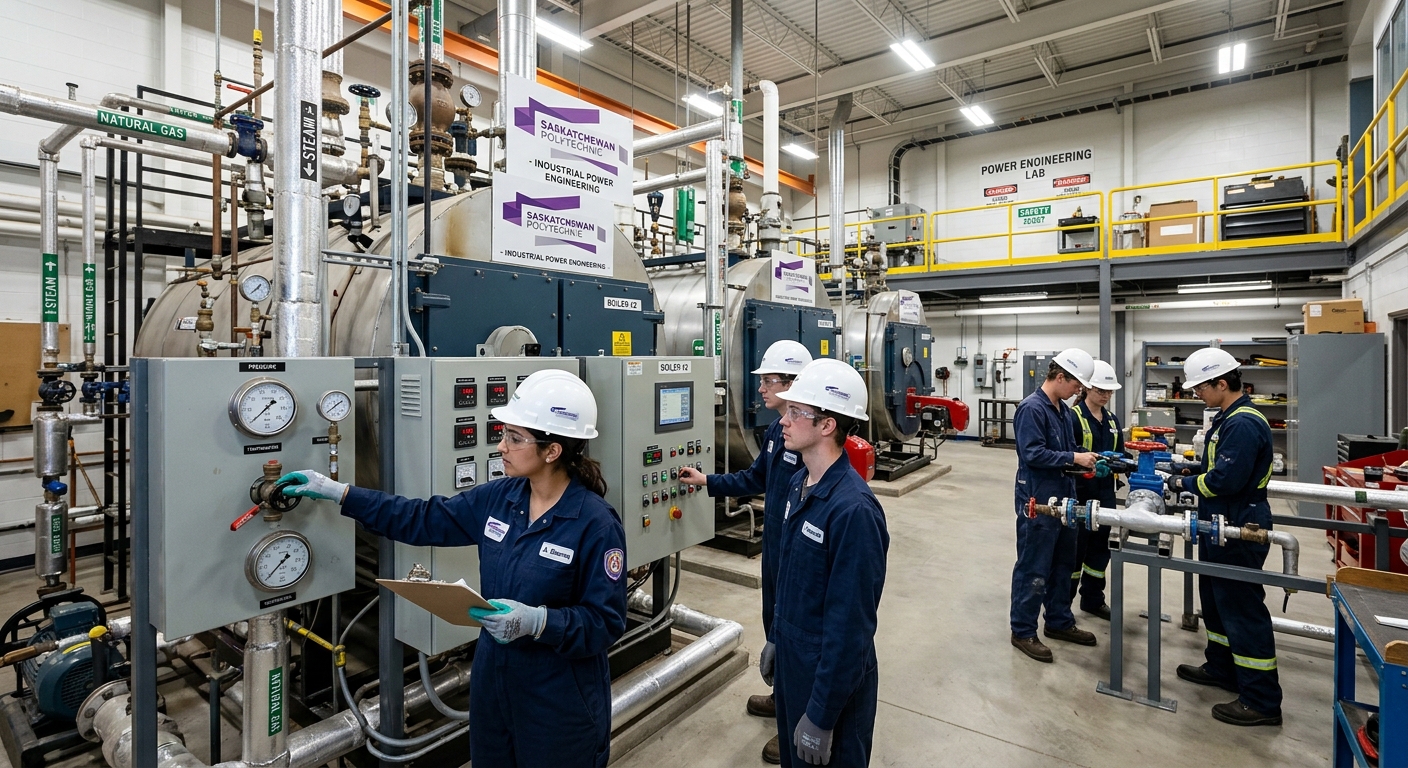 Saskatchewan Polytechnic Saskatoon campus industrial power engineering lab with boilers, steam systems, and students in safety gear operating equipment under bright overhead lighting
