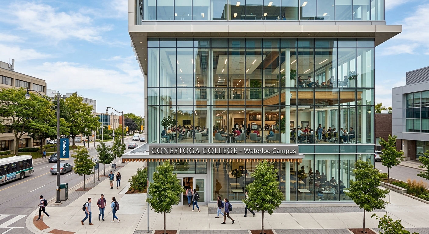 Conestoga College Waterloo campus modern building exterior with glass walls, student common area visible inside, urban setting with trees