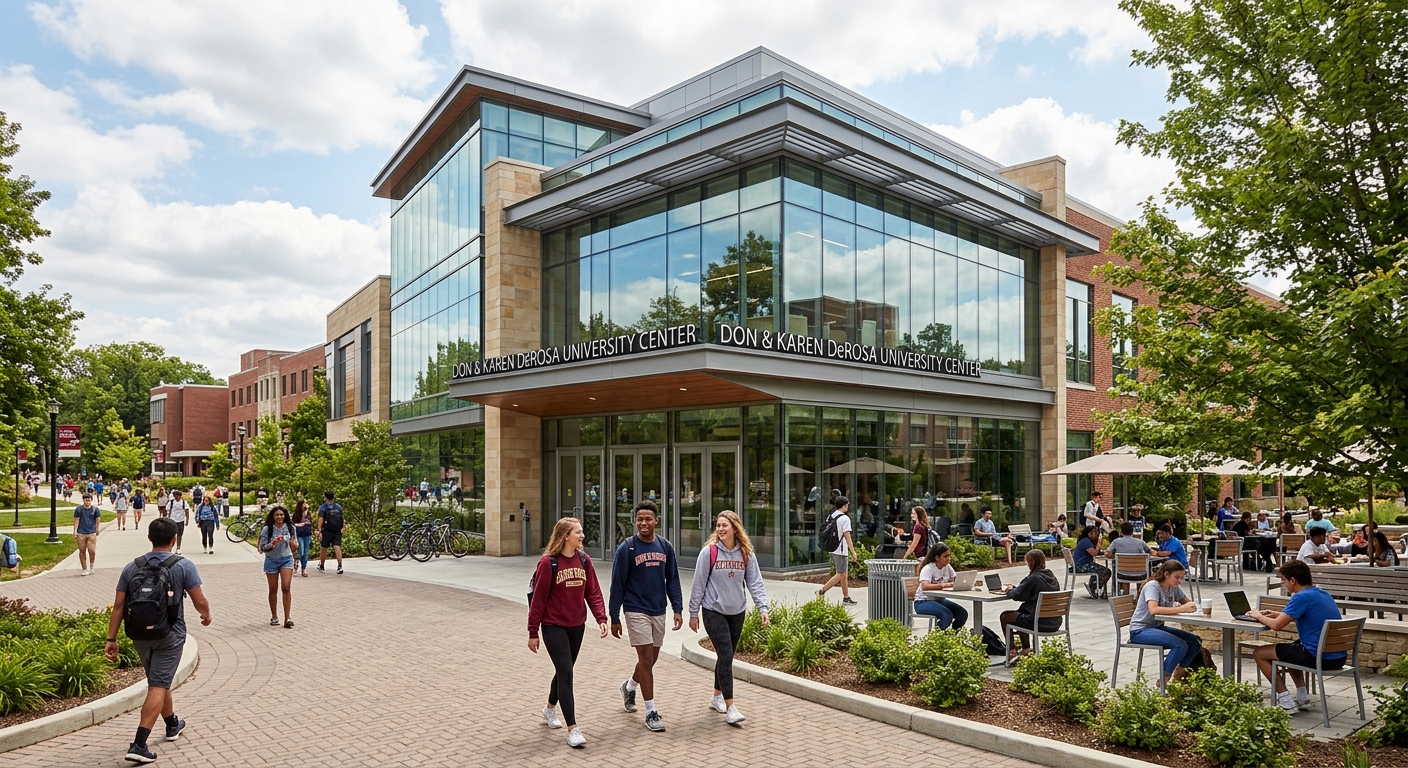 Don and Karen DeRosa University Center modern building exterior with glass facades, outdoor seating areas, and students walking on pathways