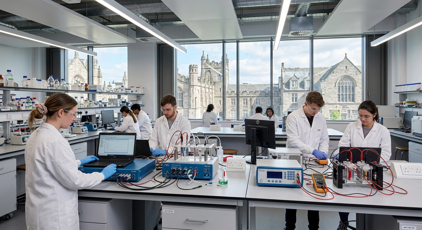 Modern chemistry laboratory at the University of Aberdeen Science Teaching Hub, students working with electrochemical equipment and battery testing apparatus, bright overhead lighting, granite campus buildings visible through windows