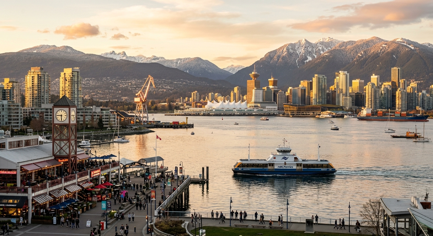 North Vancouver waterfront and cityscape with snow-capped North Shore Mountains in background, Burrard Inlet waters, Lonsdale Quay market, SeaBus crossing, downtown Vancouver skyline visible across the harbour, golden hour lighting