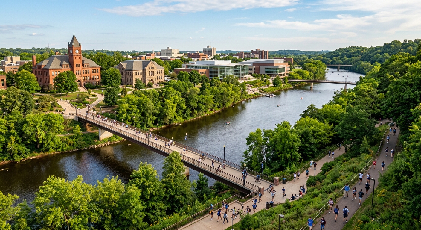 University of Wisconsin-Eau Claire campus along the Chippewa River with historic and modern academic buildings, footbridges over the water, lush green trees, and students walking on hillside paths