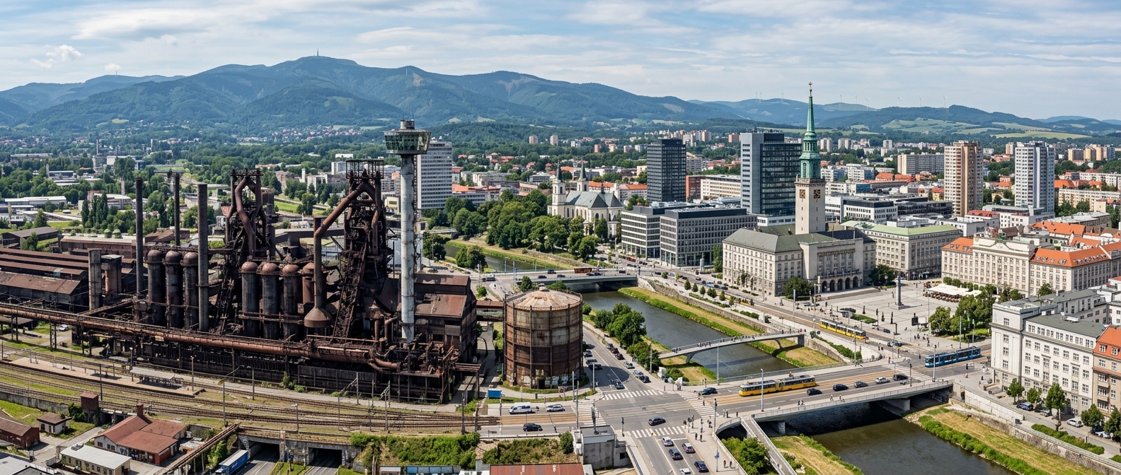 Panoramic view of Ostrava city skyline, Czech Republic, industrial heritage buildings alongside modern architecture, Beskydy Mountains in the distance, vibrant urban atmosphere