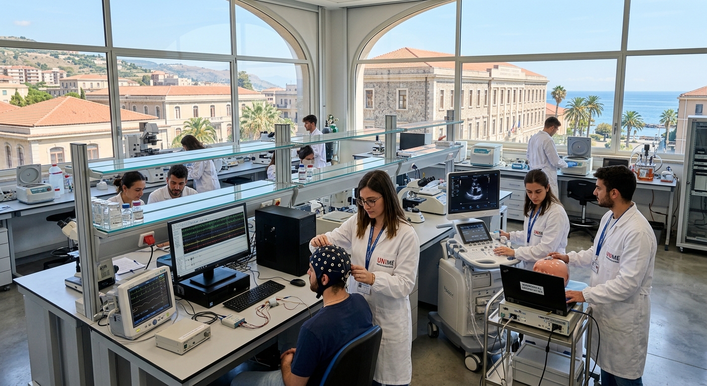 Modern bioengineering laboratory at the University of Messina Department of Engineering, students working with neural interface equipment and diagnostic medical devices, bright Mediterranean light through large windows, Sicily campus setting