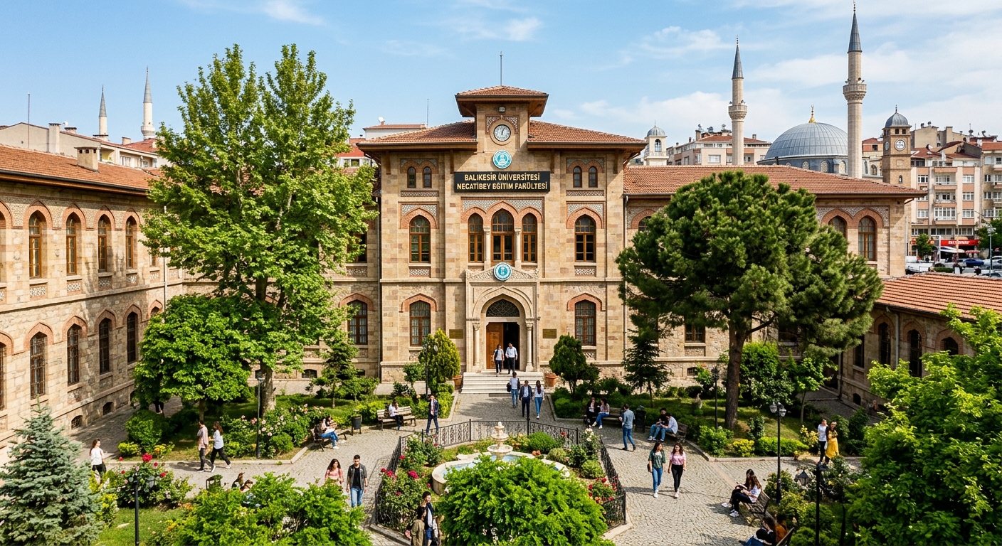 Balikesir University NEF Campus historic building, traditional Turkish educational architecture, courtyard with green trees, city center location