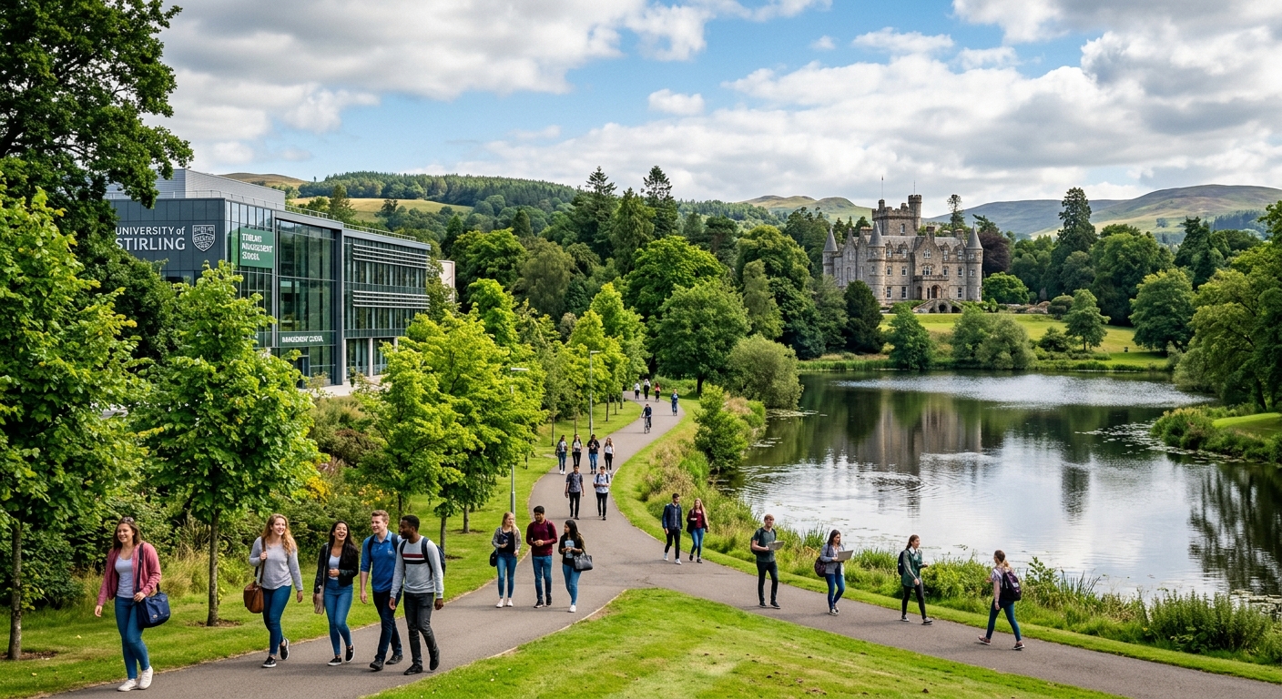 University of Stirling campus with historic Airthrey Castle in the background, lush green Scottish landscape, modern business school building, students walking along tree-lined pathways near Airthrey Loch