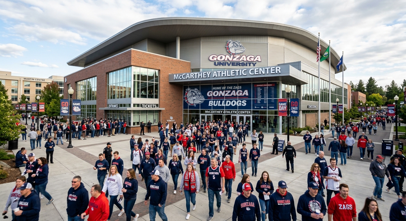 McCarthey Athletic Center at Gonzaga University, large modern arena exterior, Bulldogs branding, game day atmosphere with fans arriving