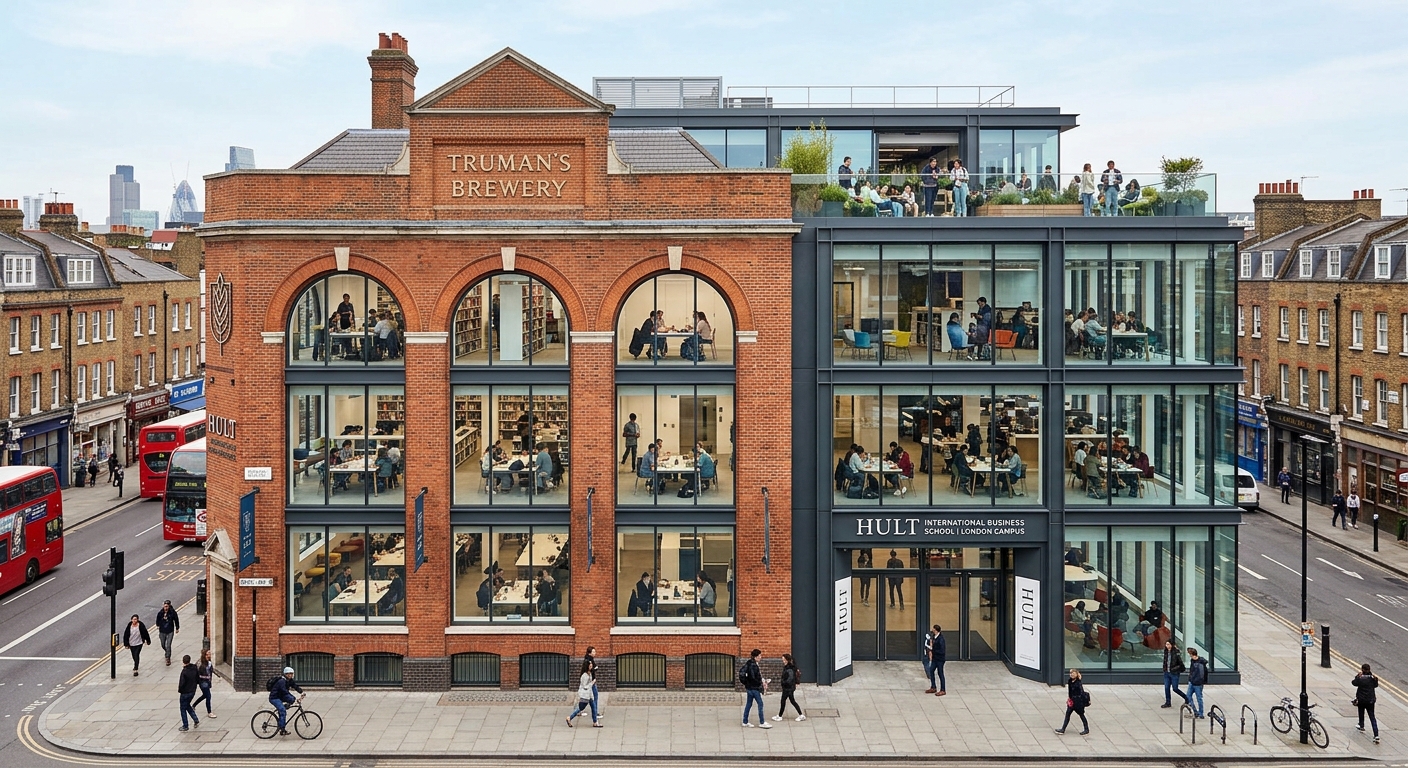 Hult London undergraduate campus, converted historic brewery building with contemporary glass architecture, rooftop terrace, collaborative student spaces visible through large windows, East London urban setting