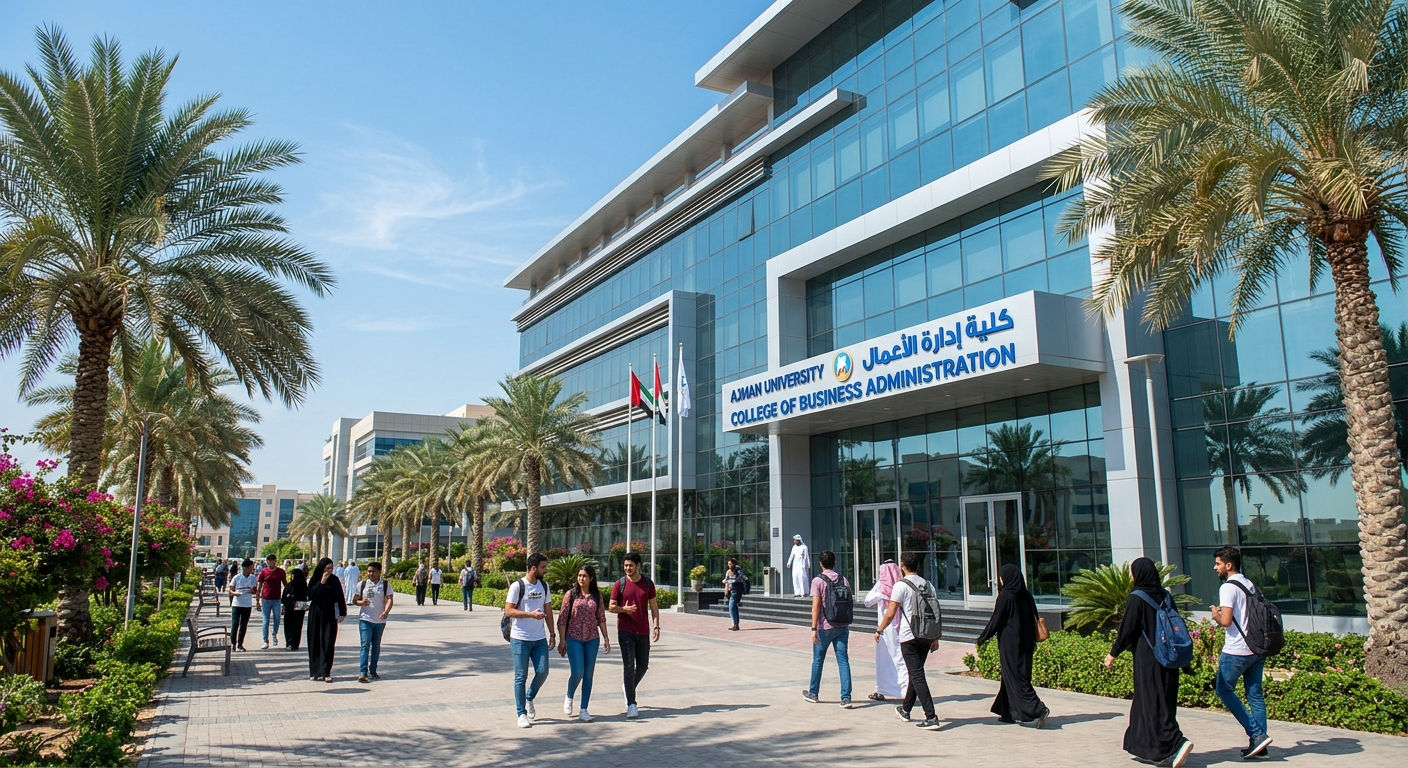 Modern Ajman University campus building with glass facade and palm trees, students walking on landscaped pathways under clear blue UAE sky, College of Business Administration entrance visible