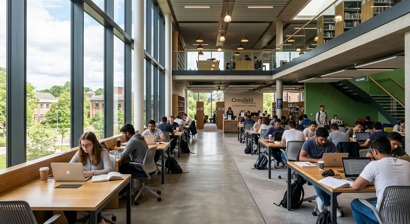 Cranfield University campus library and student hub modern interior with students studying at desks, natural light streaming through large windows