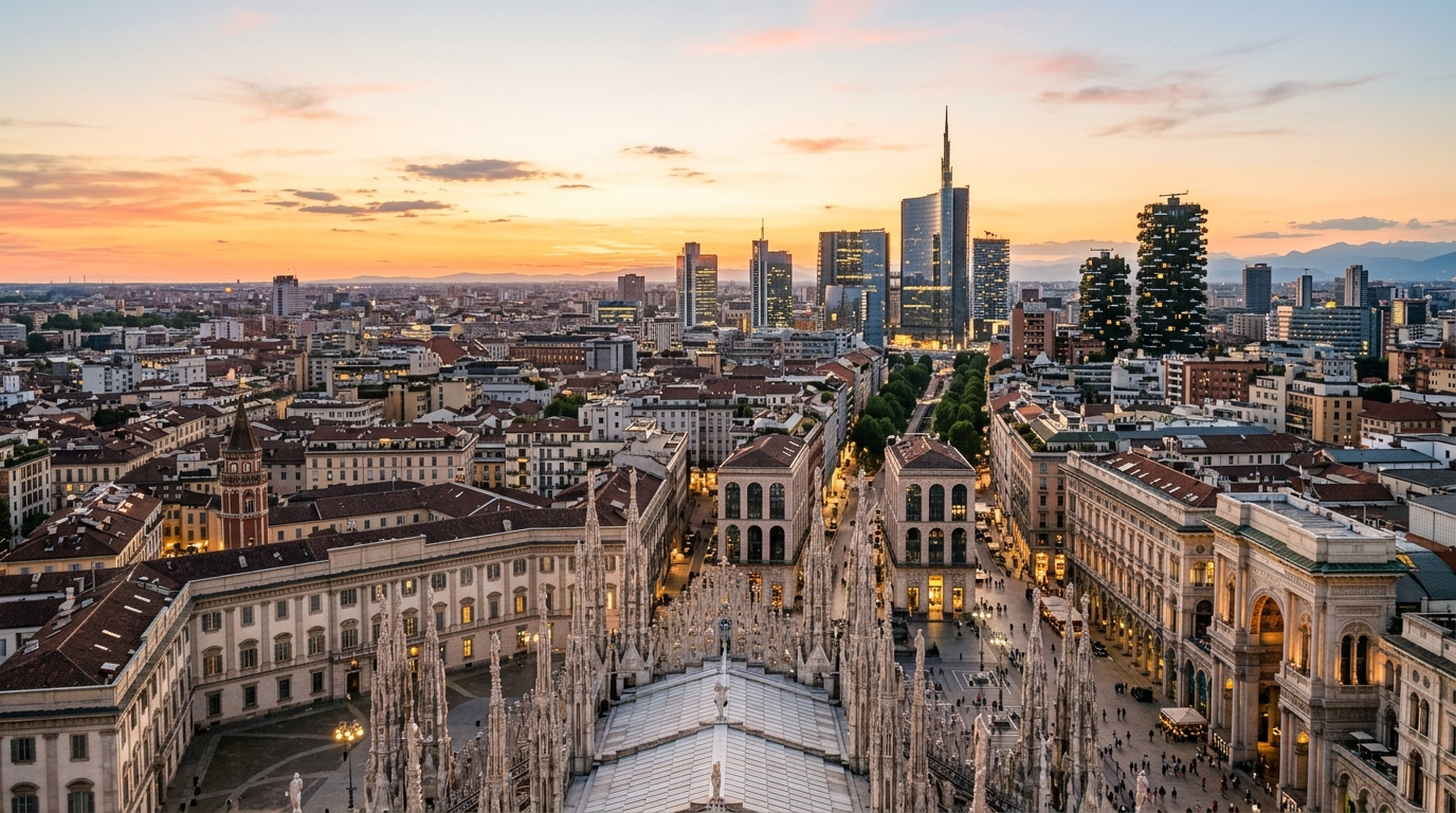 Milan Italy cityscape panorama, Duomo di Milano cathedral in foreground, modern skyscrapers of Porta Nuova district in background, warm golden hour light, vibrant European metropolis