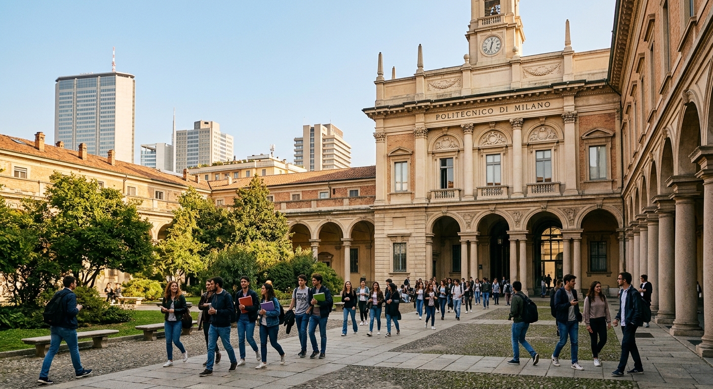 Politecnico di Milano historic campus building with neoclassical architecture, students walking through the courtyard, Milan cityscape in background, warm Mediterranean sunlight