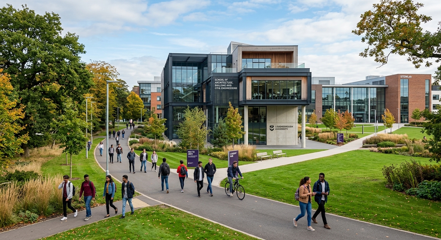 Modern Loughborough University campus with the School of Architecture, Building and Civil Engineering building, students walking on tree-lined paths, green landscaped grounds with contemporary academic buildings in the background, Leicestershire England