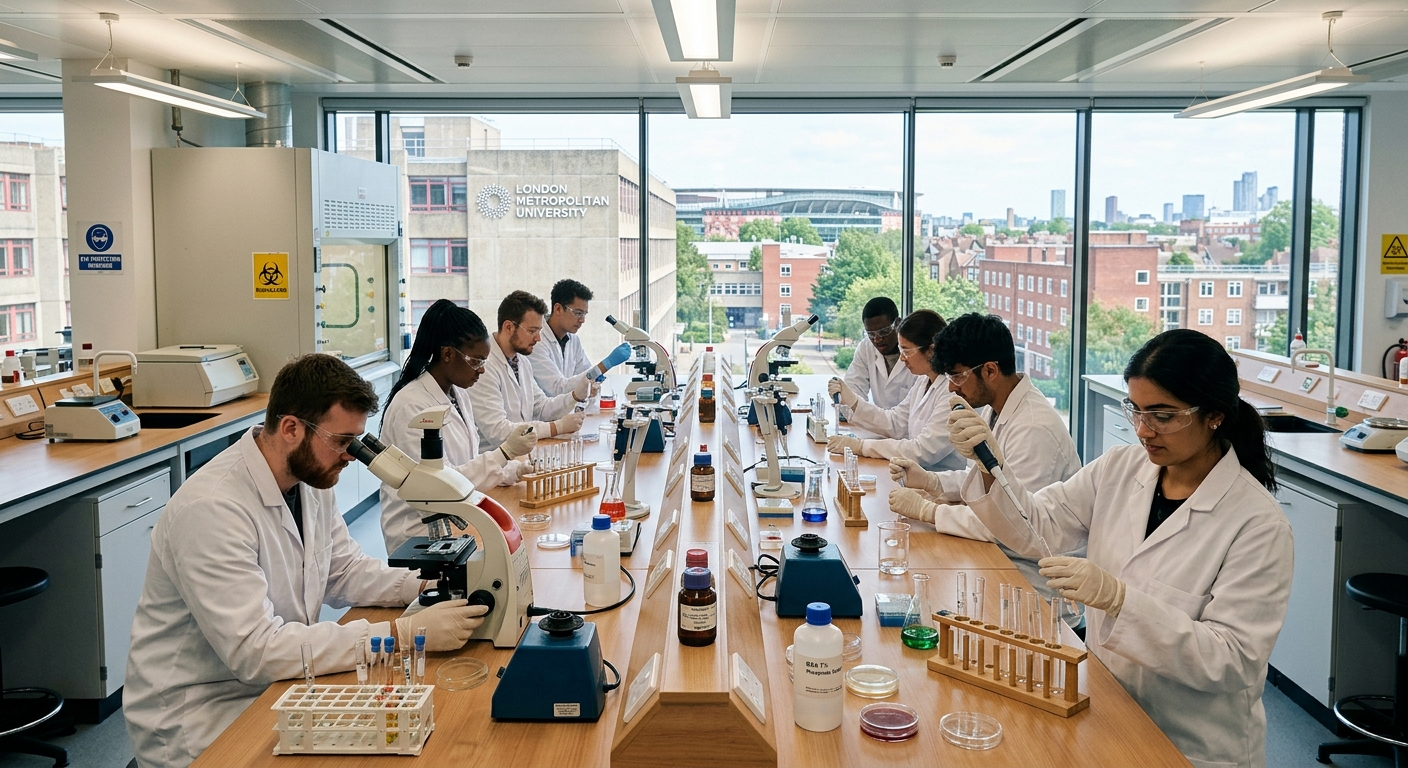 Modern university science laboratory at London Metropolitan University with students in lab coats conducting biochemistry experiments, bright overhead lighting, test tubes and microscopes on workbenches, large windows overlooking the Holloway campus in North London