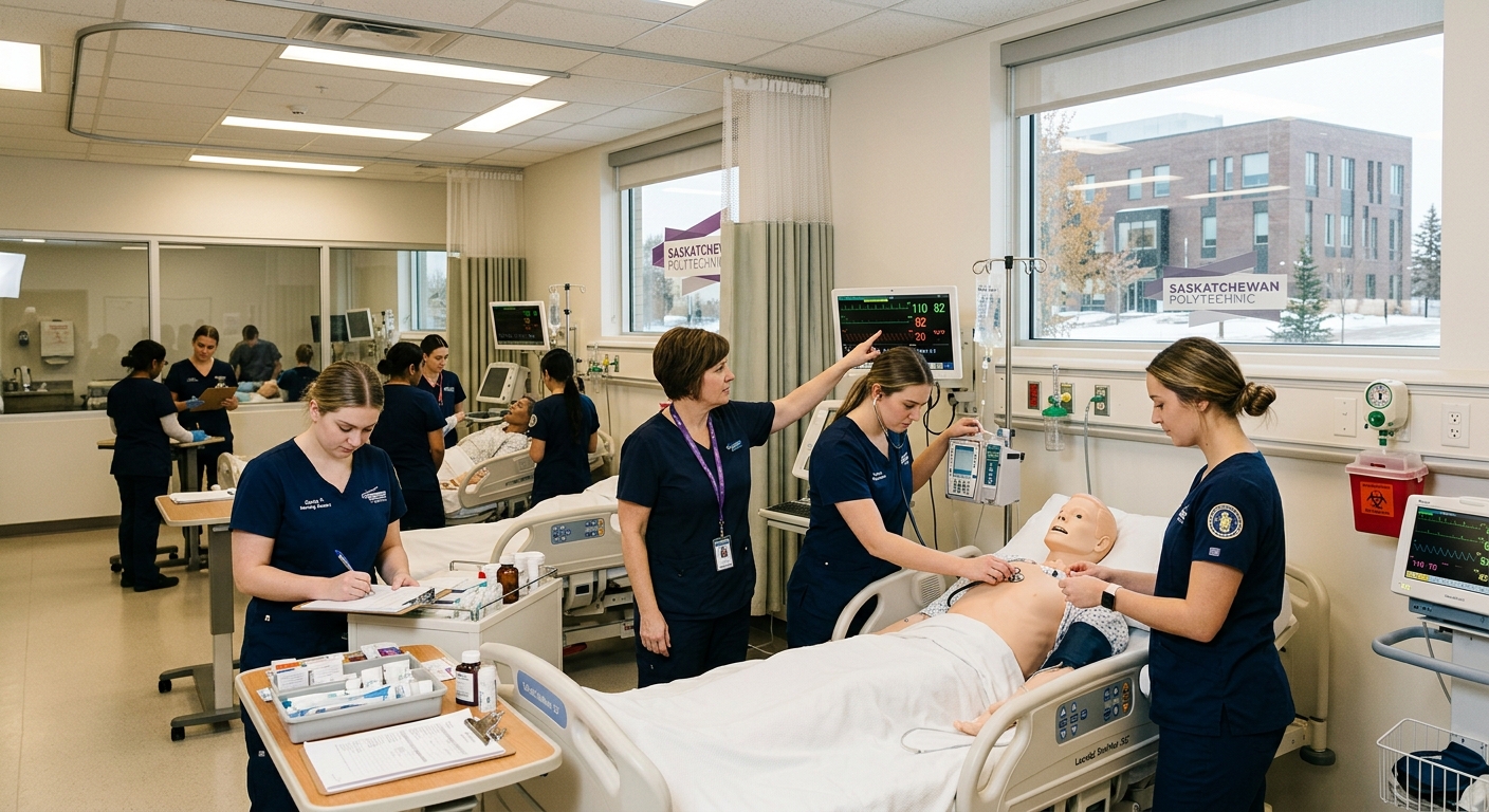 Saskatchewan Polytechnic nursing simulation lab with students in scrubs practicing clinical skills on high-fidelity patient mannequins, modern medical equipment, bright institutional lighting, Canadian polytechnic campus setting