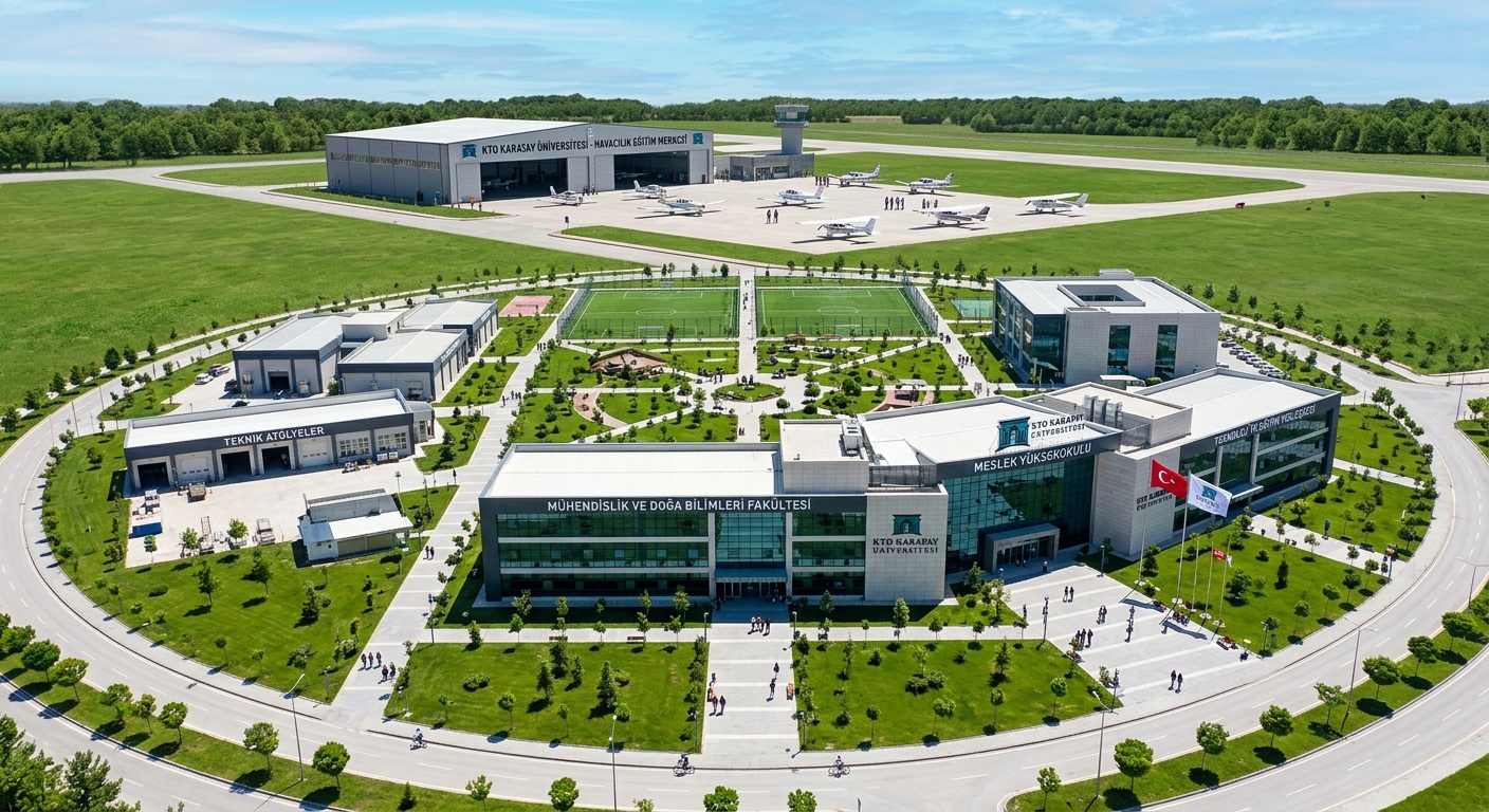 KTO Karatay University Technology and Education Campus with modern vocational training facilities, aviation training area visible in background, open green spaces