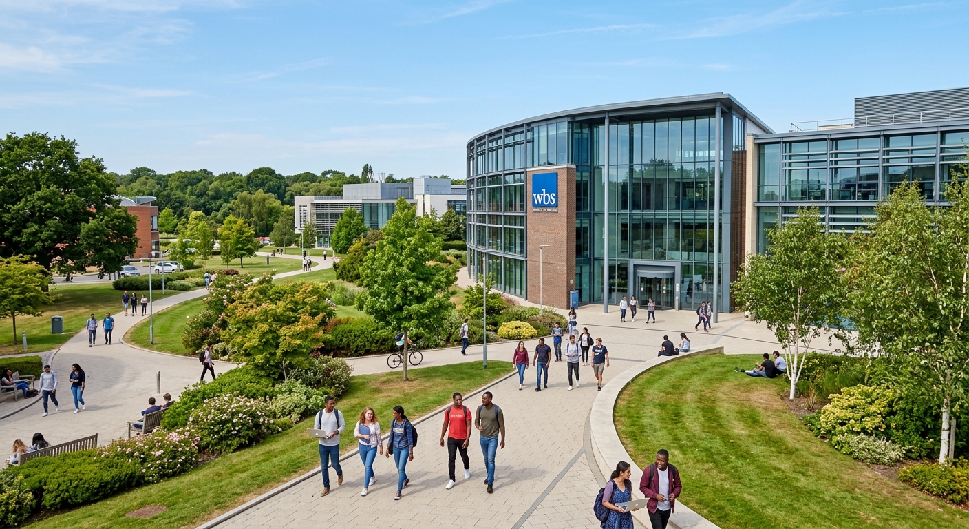 Warwick Business School campus with modern glass buildings, green landscaped grounds, and students walking along pathways under a clear sky in Coventry, United Kingdom