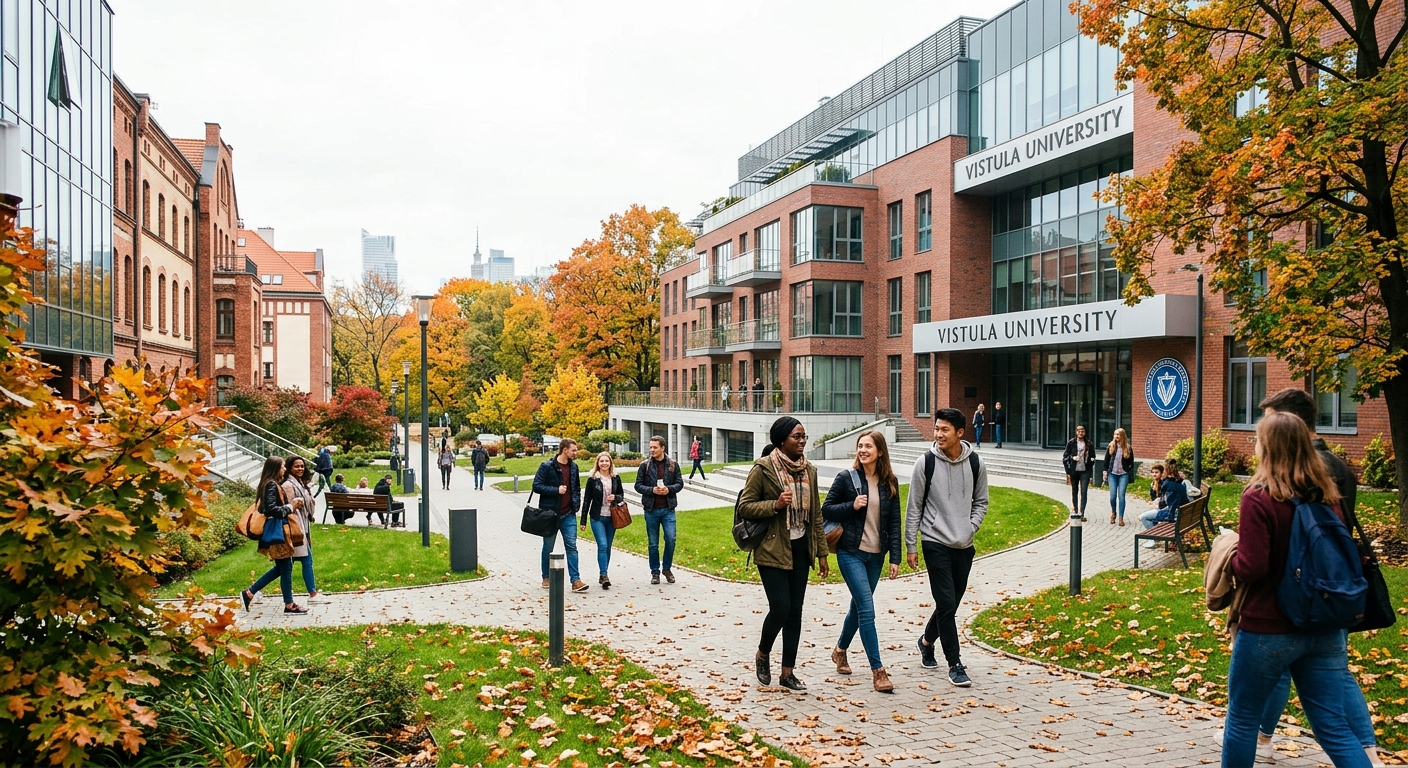 Modern university campus building in Warsaw Poland with international students walking through green courtyard, European architecture, autumn atmosphere, Vistula University signage visible
