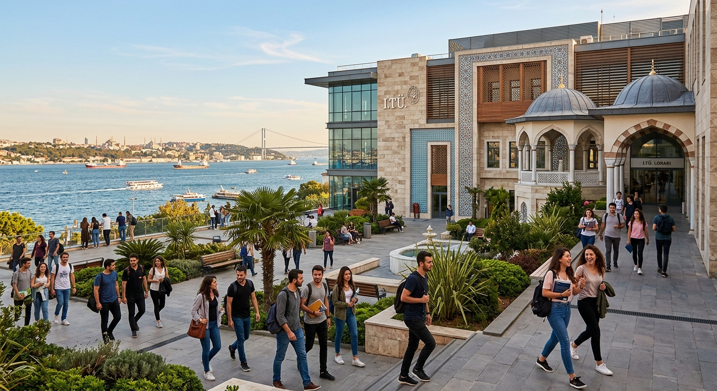 Modern university campus building in Istanbul with students walking through a courtyard, Bosphorus visible in the background, warm Mediterranean sunlight, contemporary architecture blended with traditional Turkish elements