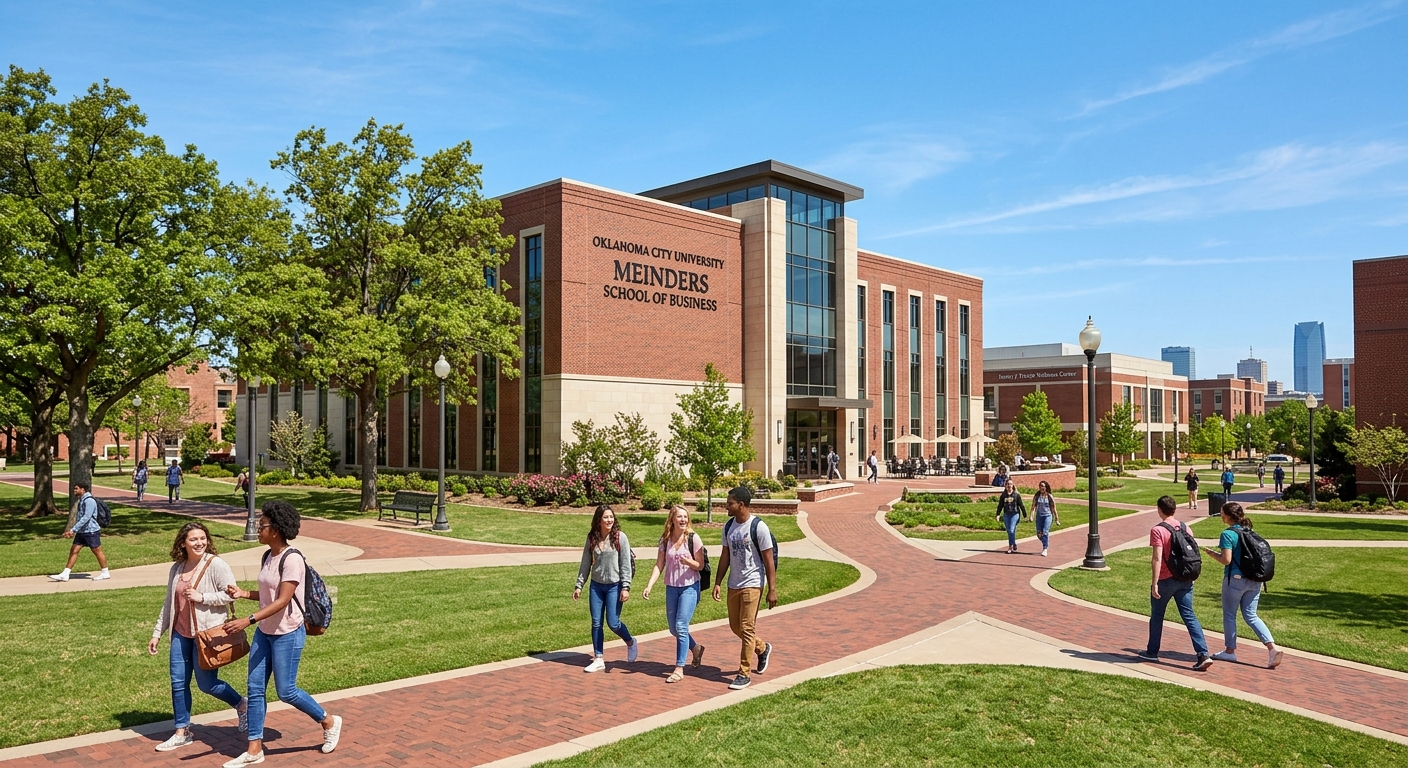 Oklahoma City University campus with modern brick buildings, green lawns, and tree-lined walkways in Oklahoma City, students walking near the Meinders School of Business under a clear blue sky