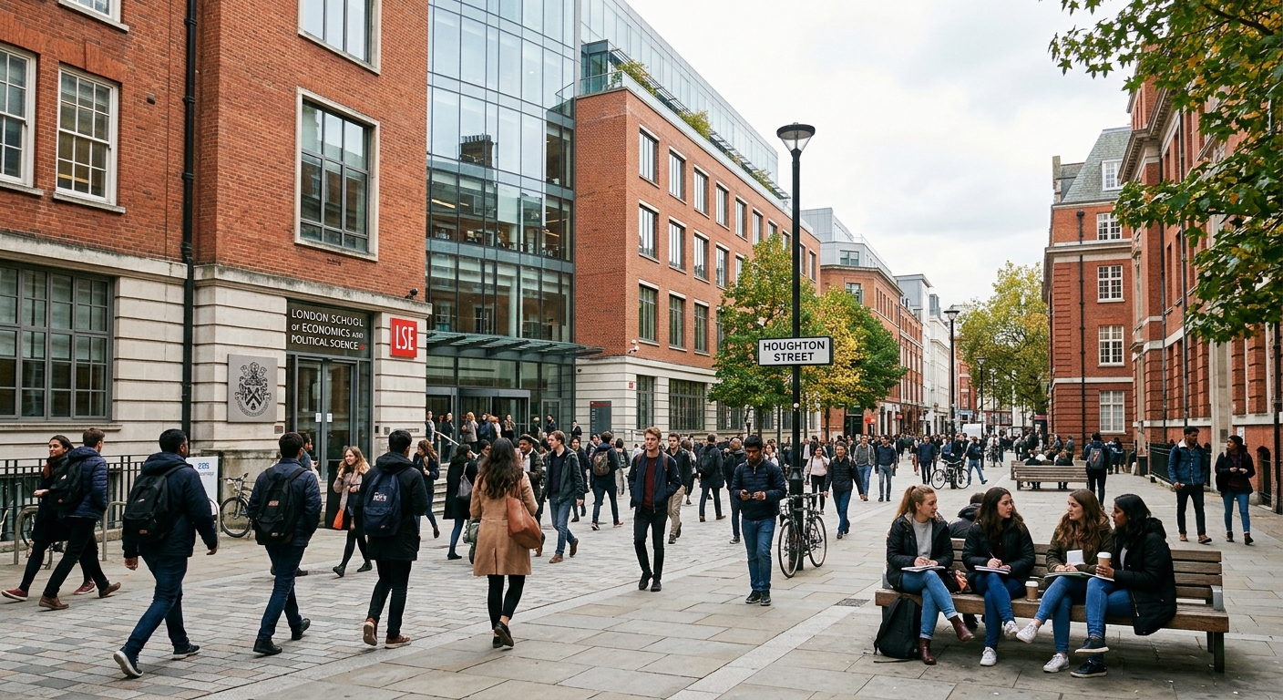 London School of Economics main campus building on Houghton Street in central London, with students walking through the modern courtyard, red brick and glass architecture, vibrant academic atmosphere