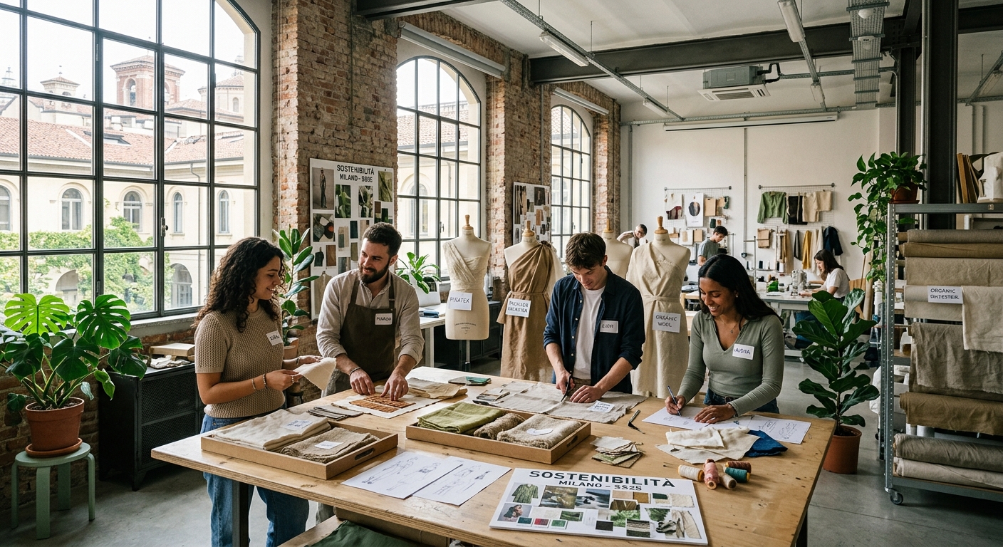 Modern fashion design studio in Milan with students working on sustainable fabric samples, eco-friendly textiles displayed on mannequins, large windows with natural light, industrial-chic interior with exposed brick and green plants