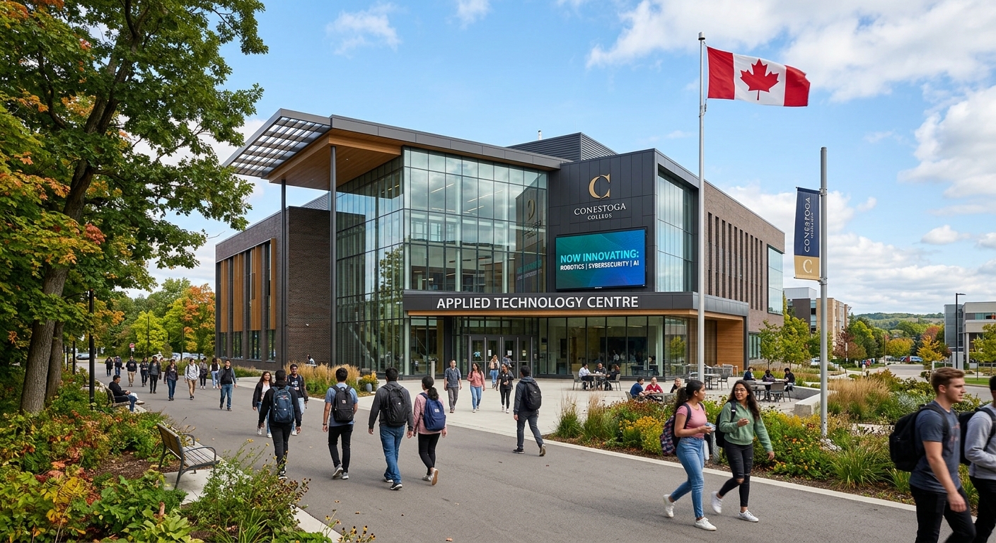Modern college campus building in Kitchener Ontario with students walking along tree-lined pathways, Canadian flag visible, contemporary glass and brick architecture with technology-themed signage