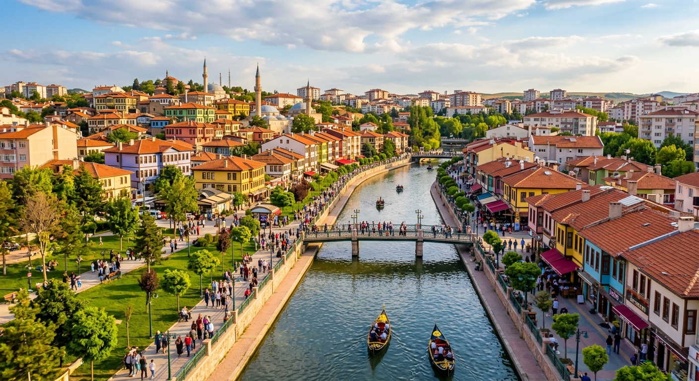 Eskişehir city panorama, Porsuk River flowing through the center with colorful buildings along the banks, bridges, parks, and the historic Odunpazarı district in the background, warm afternoon light