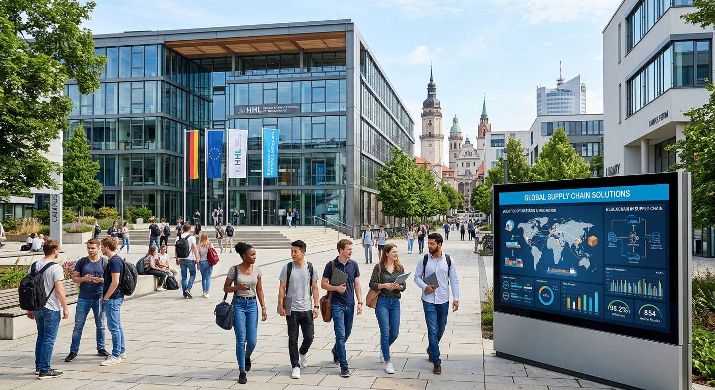 Modern German university campus with glass-fronted business school building, international students walking with backpacks, logistics and supply chain graphics on digital display boards, urban cityscape in background, bright daylight